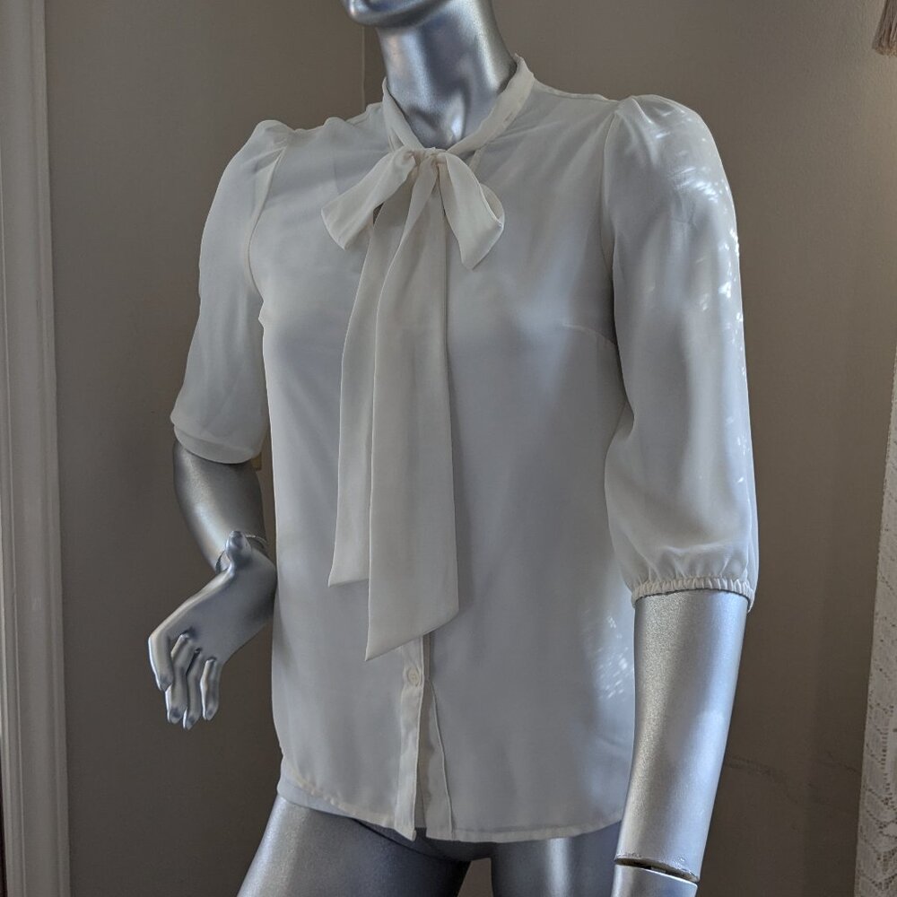Forever 21 Sheer Ivory Puff Sleeve Blouse with Neck Tie